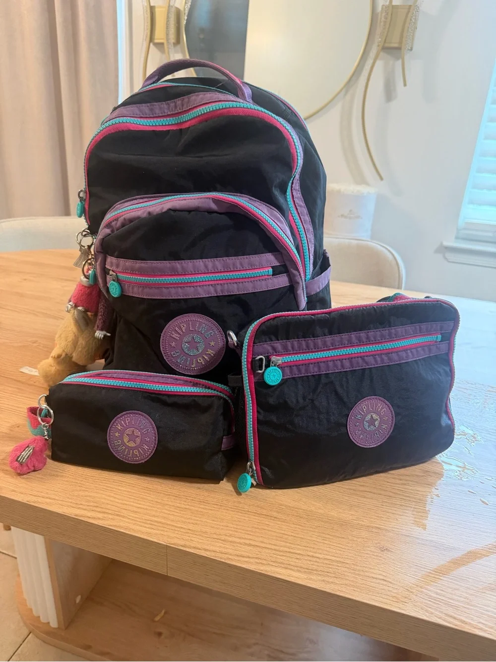 Black Backpack and Lunch Bag Set with Pink & Teal Accents